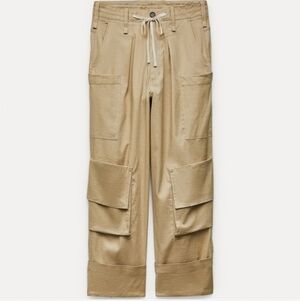 Zara Linen Cotton Blend Women's Beige Cargo Pants Size Medium NEW